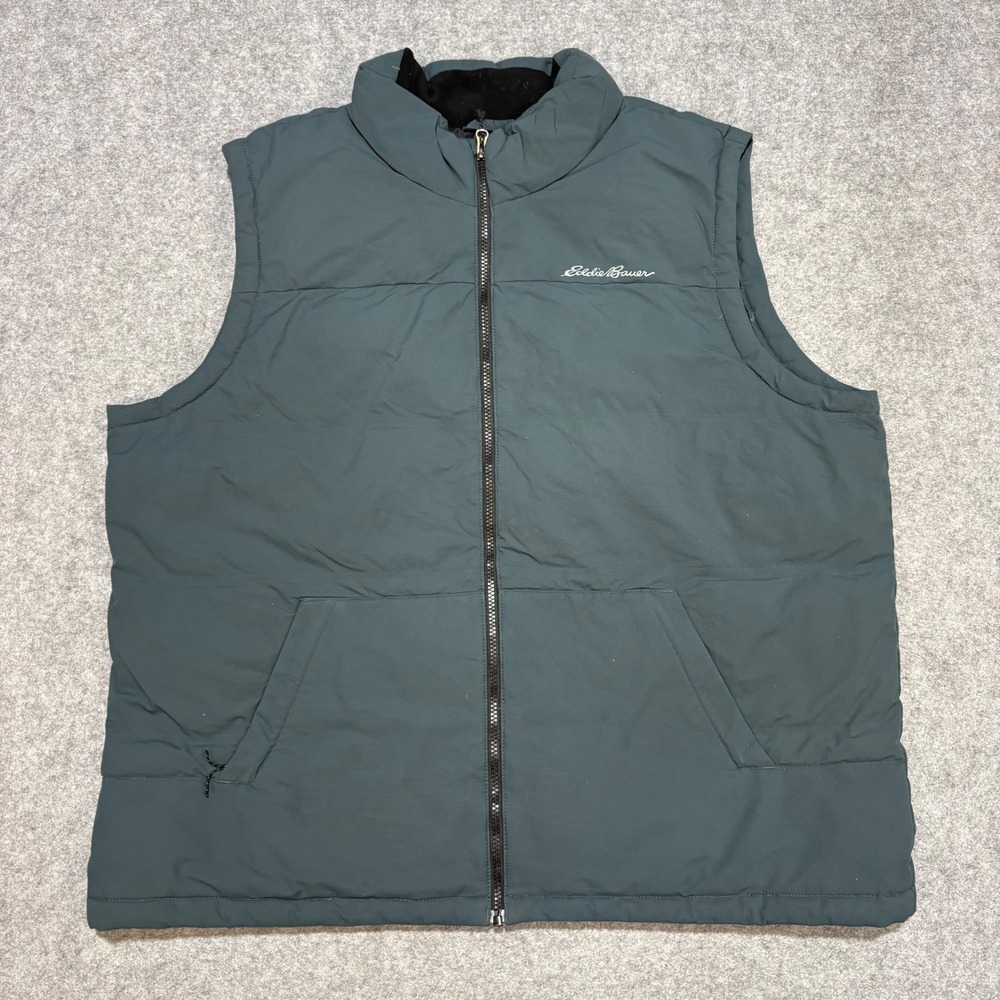 Eddie Bauer Mens 2XL Puffer Vest Dark Teal Green Fleece Lined Full Zip Outdoor